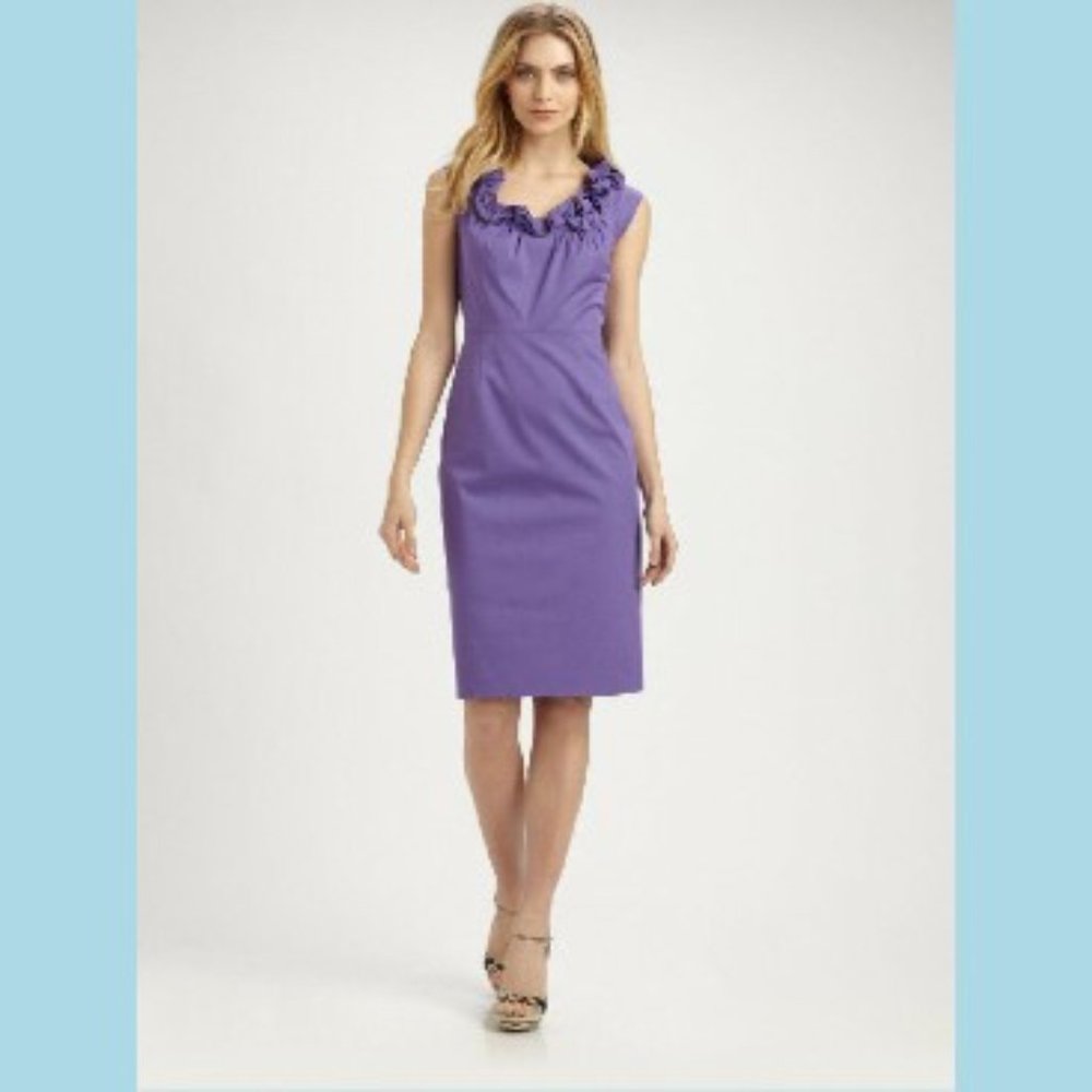 ELIE TAHARI Roxanna Purple Ruffle Neck Belt Dress
